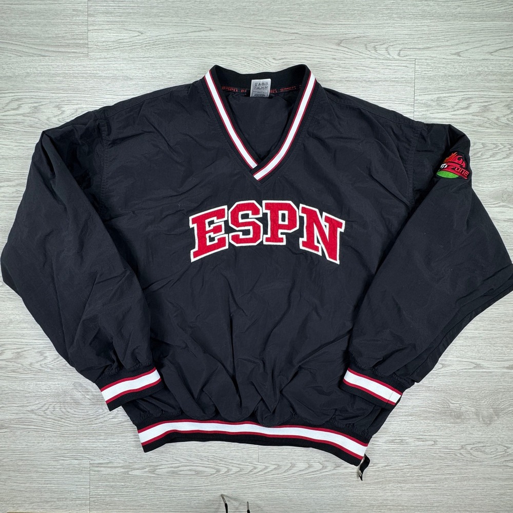 VINTAGE ESPN Mens Windbreaker Pullover V-Neck Jacket Black Large Embroidered 90s